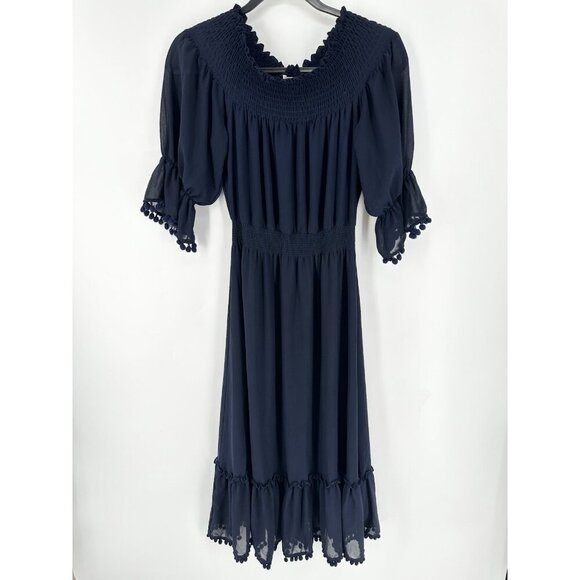 Misa Los Angeles Navy Smocked Cottage Gore Pom Midi Dress Women’s XS Read - Picture 3 of 11